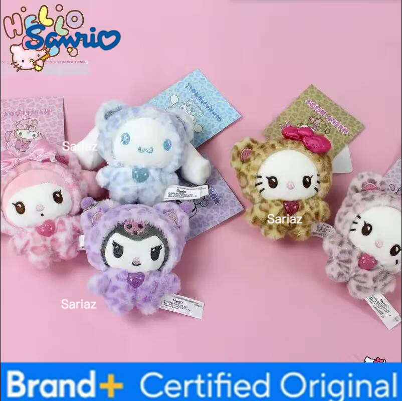Sanrio Leopard Print Bear Hello Kitty Keychain Kuromi Cinnamoroll Bag Pendant My Melody Plush Doll Toys Decoration Gift for Girl H260121
