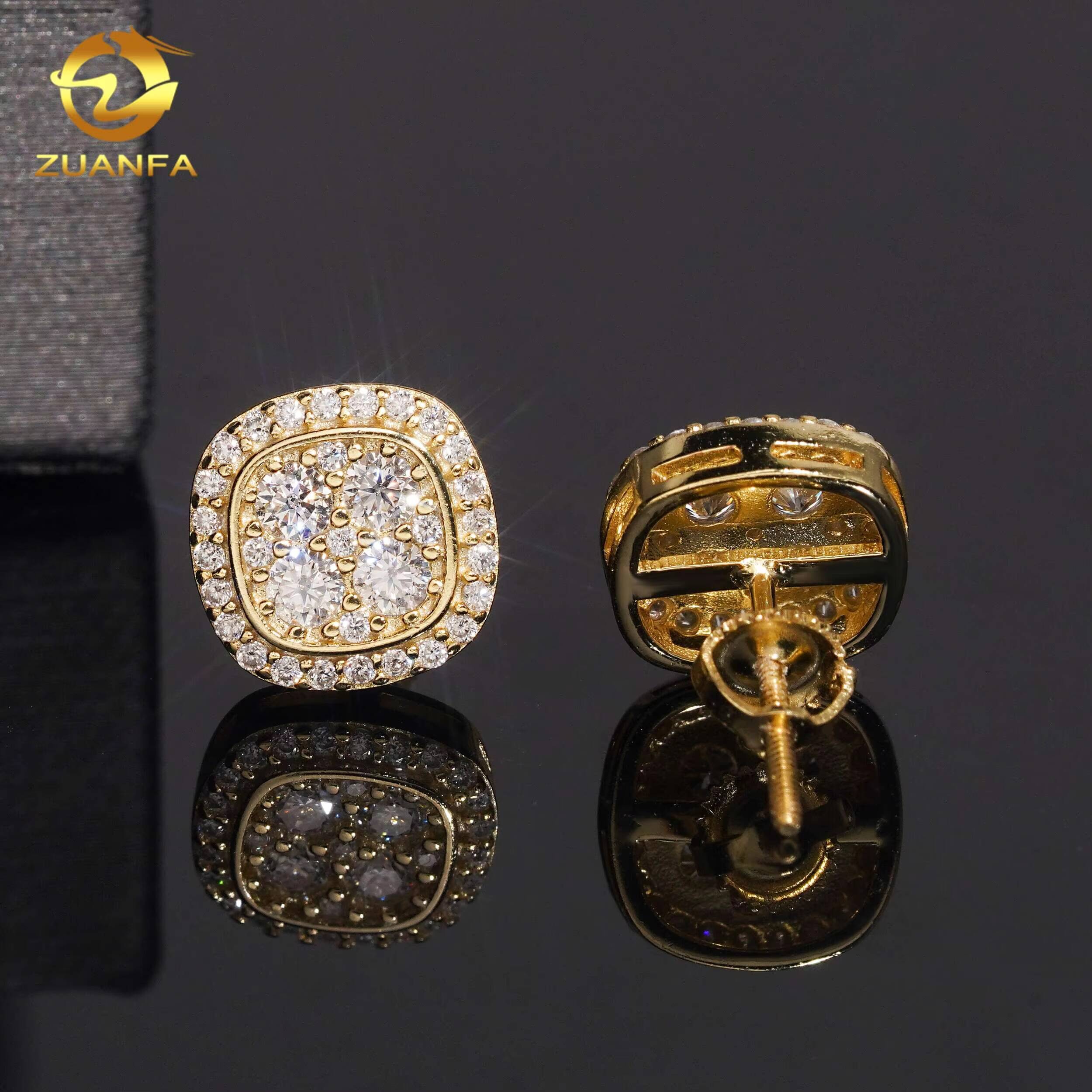 925 Silver Gold Plated 10mm Stud Earring Pass Diamond Test Moissanite Iced Out Hip Hop Screw Back Stud Earring