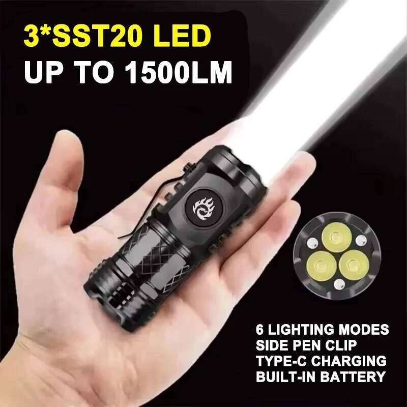 Mini Tactical Torch Super Bright 3 LED Flashlight Type-C Rechargeable Camping Light ABS+Metal Clip Hiking Lamp Easy To Carry Z260121