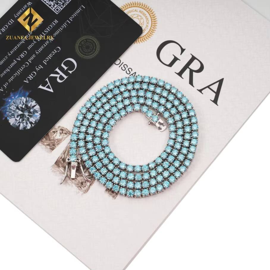 Hip Hop Jewelry New Colored Iced Out Vvs Moissanite 3mm 4mm Tennis Chain Blue Diamonds 925 Sterling Silver