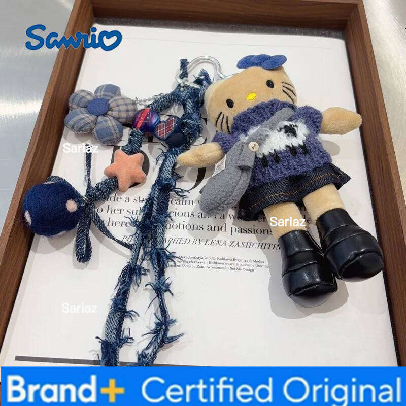 Sanrio Anime Hello Kitty blue sweater denim skirt black leather long-legged plush doll pendant kawaii keychain accessories holiday gift H260121