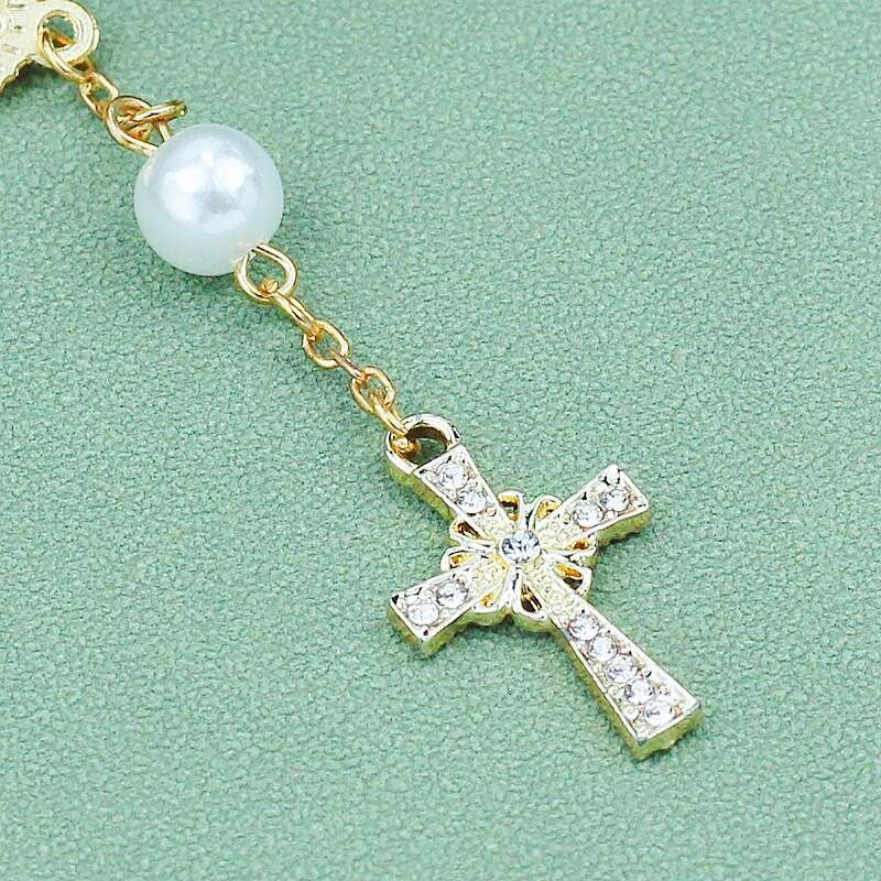 Women's Gold Plated Cross Bracelet Virgin Mary Medal Pearl Beaded Religious Jewelry Slave Bracelets Link