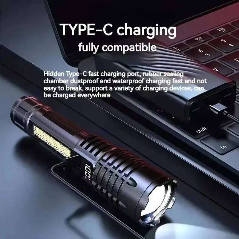 Super Bright COB LED Flashlight Type-C Rechargeable Zoomable with Side Light Waterproof Camping Hiking Emergency Outdoor Torch Z260121