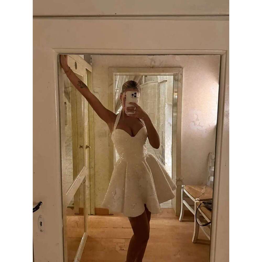 Sexy Sequin Halter Mini A-Line Dress Women Fashion Solid V-Neck Sleeveless Backless Bow Pleated Dresses Lady Party Evening Gown Mdng260121