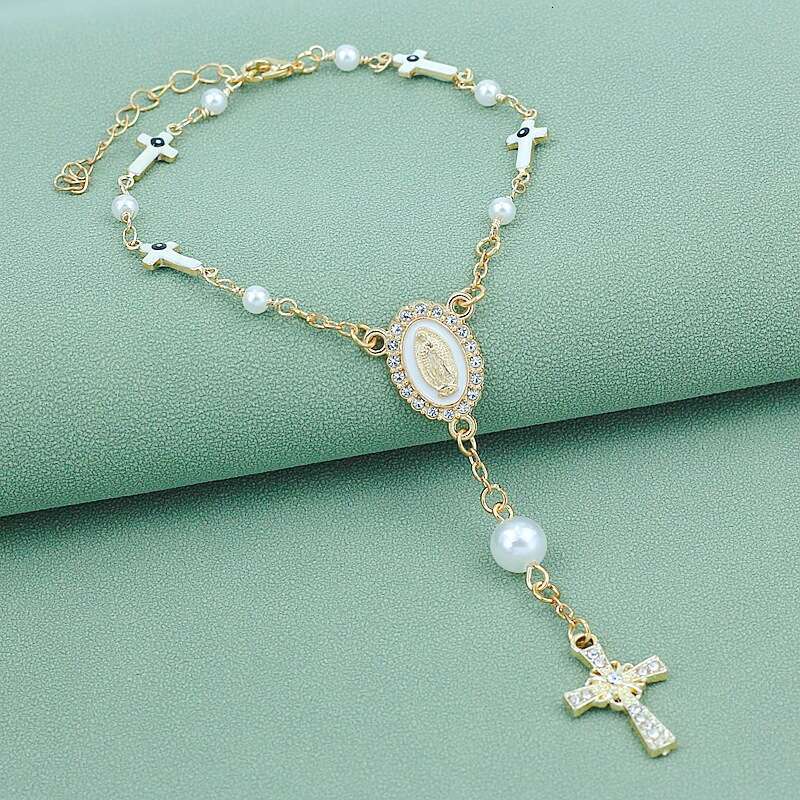 Women's Gold Plated Cross Bracelet Virgin Mary Medal Pearl Beaded Religious Jewelry Slave Bracelets Link