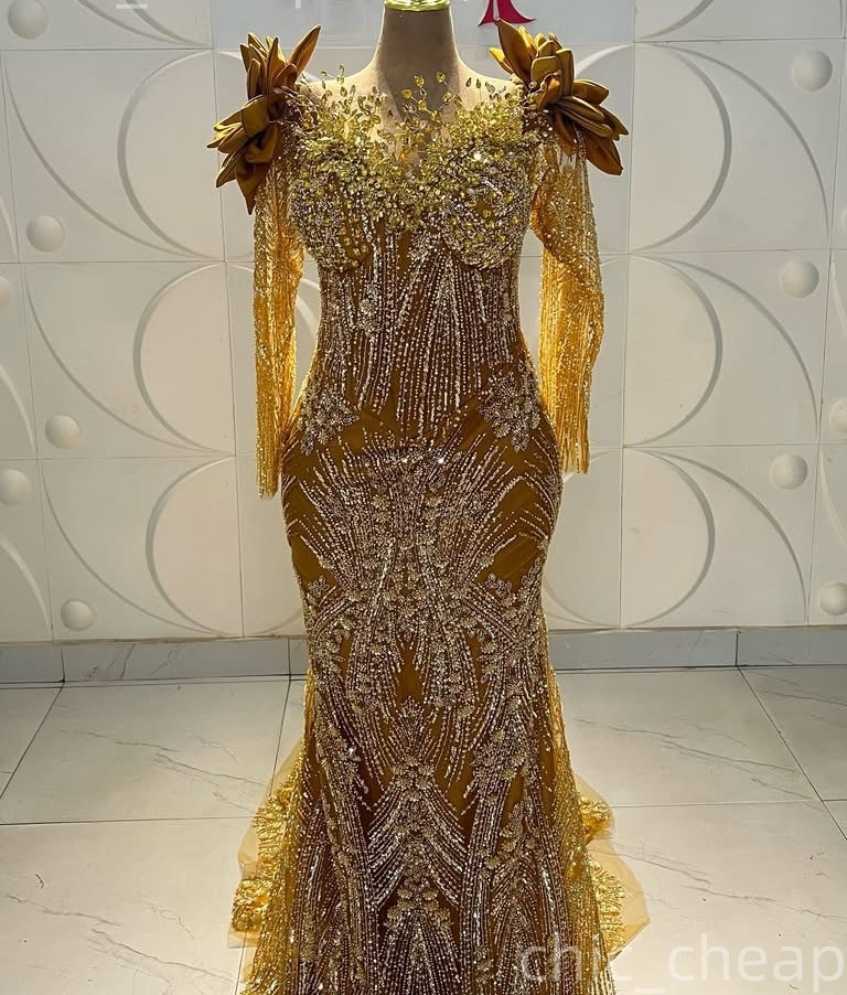 Aso Ebi Gold Mermaid Prom Dresses 2026 Flowers Beaded Crystals V-neck Evening Formal Party Second Birthday Engagement Gowns Dress For Special Occasion