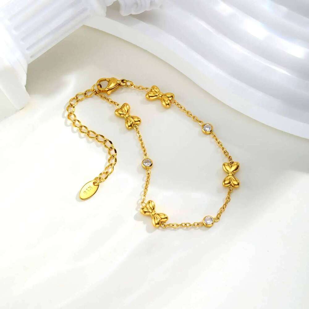 Exquisite Zircon Bowknot Stainless Steel Bracelet 18K Gold Plated Wrist Chain Fashion Party Waterproof Jewelry for Women Girl 26H0121