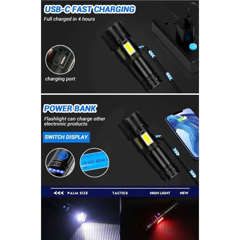 Powerful XHP70 LED Flashlight Zoom Tactical Flashlights with COB Side Lamp Type-C Rechargeable Camping Hunting Hiking Lantern Z260121