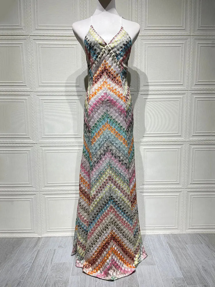 GACVGA Sexy Crochet V Neck Halter Maxi Dress Women Summer Fashion Sleeveless Backless Slim Knitted Long Dress 260120