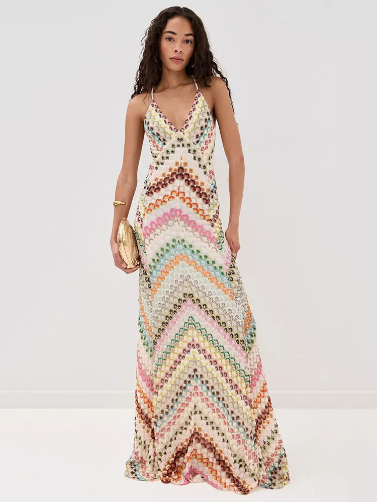 GACVGA Sexy Crochet V Neck Halter Maxi Dress Women Summer Fashion Sleeveless Backless Slim Knitted Long Dress 260120