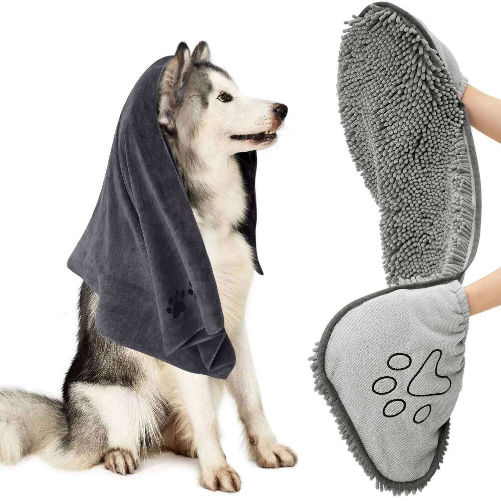 2 Pack Dog Towels Set, Chenille and Microfiber, Super Absorbent Soft Bath Shammy Towel with Hand Pockets for Pets Drying 26H0121