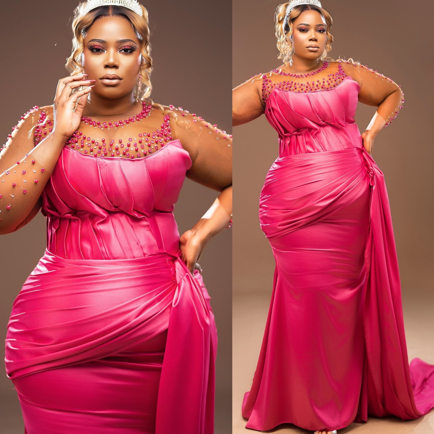 Fuchsia Mermaid Plus Size Prom Dresses 2025 Sheer Neck Pearls Crystals Satin Evening Formal Party Second Birthday Engagement Gowns Dress For Special O