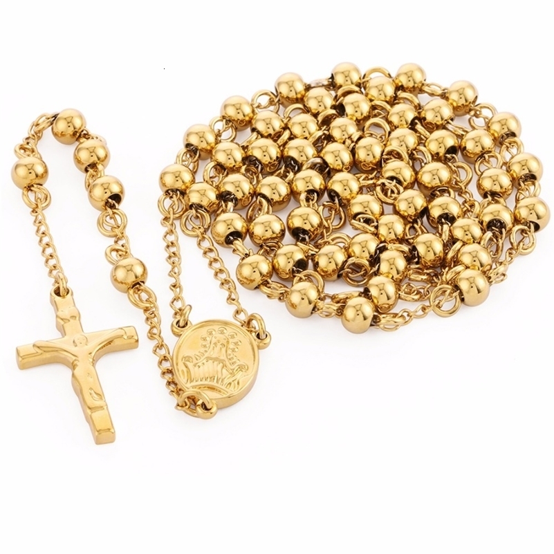 Stainless Steel Beads Necklace Gold Color Rosary Necklaces Pendants Jesus Christ Cross Long Chain Men Women Jewelry Gift NZ009251231ww