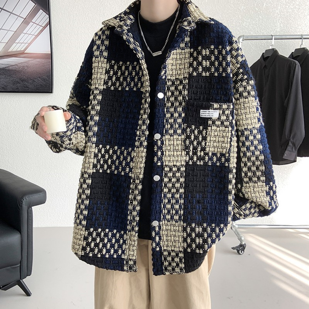 Free Shipping 2026 New Design Mens Plaid Coat Spring Fall Best Seller Loose Trendy Casual Handsome Versatile Jacket Blue Black