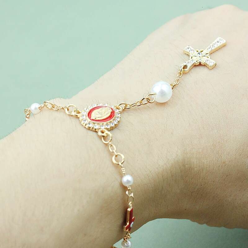 Women's Gold Plated Cross Bracelet Virgin Mary Medal Pearl Beaded Religious Jewelry Slave Bracelets Link