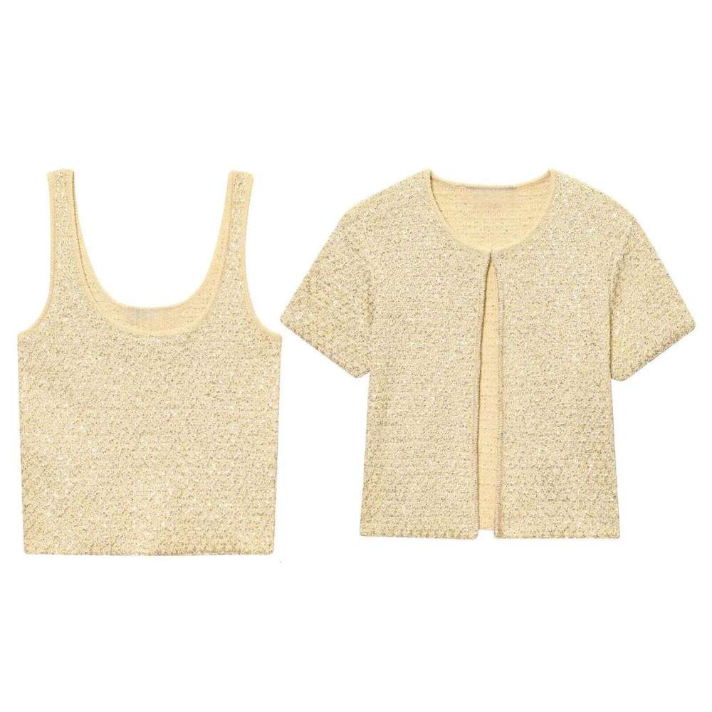 MYST&ZA2025 Summer New Product Temperament Elegant Jacket + Sequin Knitted Suspender Top Set
