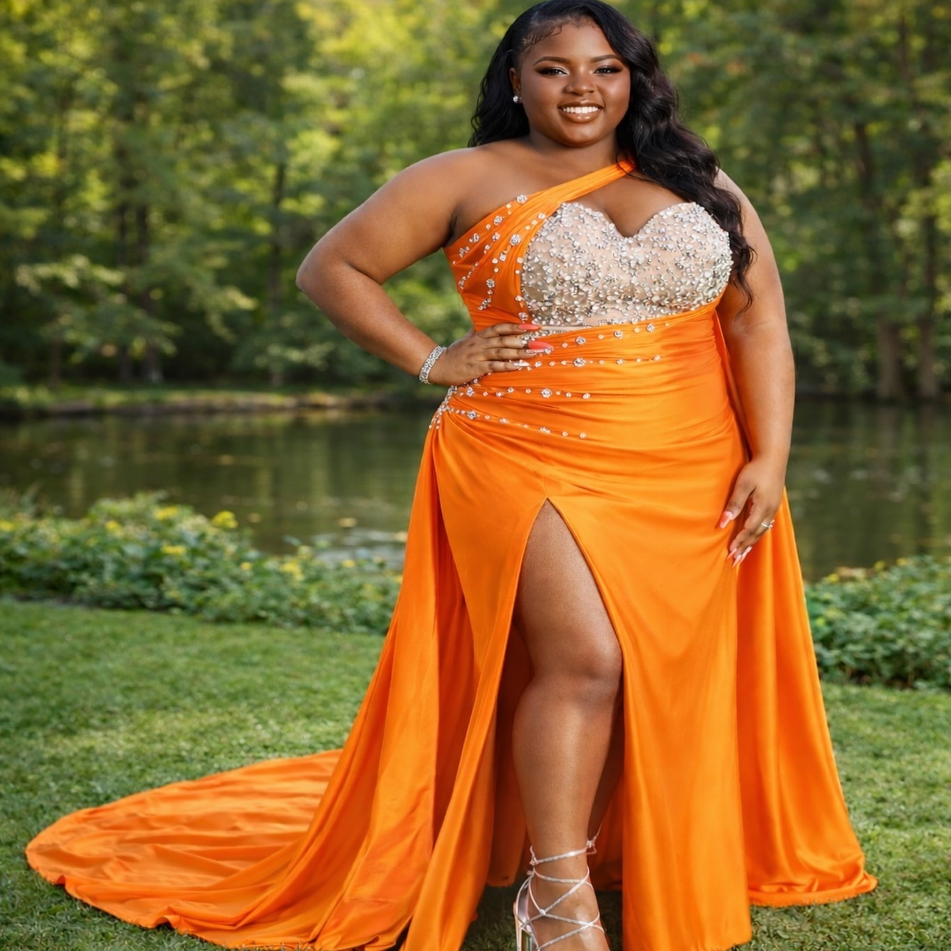 Orange Sheath Plus Size Prom Dresses 2026 One Shoulder Beaded Crystals Satin Evening Formal Party Second Birthday Engagement Gowns Dress For Special O