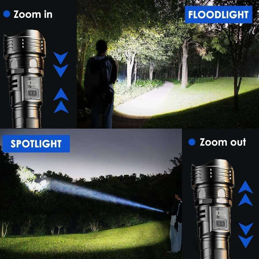 LED Flashlight Super Bright Rechargeable Portable Ultra Power Torch Lamp Retractable Digital Zoom Hand Light For Camping Z260121