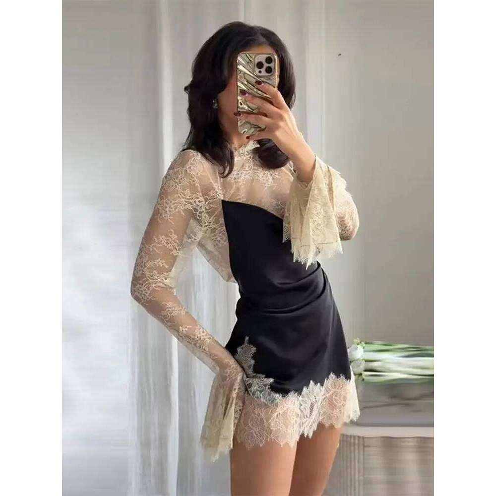 HH 2026 Women Lace Patchwork Mini Vintage Contrast Slim Long Sleeve Dresses Y2k Summer Fashion High Street Lady Chic Dress