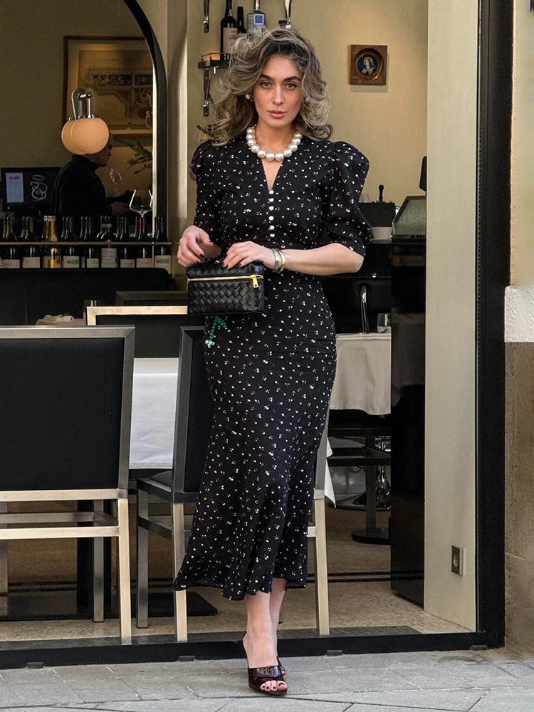TARUXY Print Puff Sleeve Long Dress For Women Fashion V neck High Waist Commuting Outfits Elegant Lady Fishtail Dress 260120