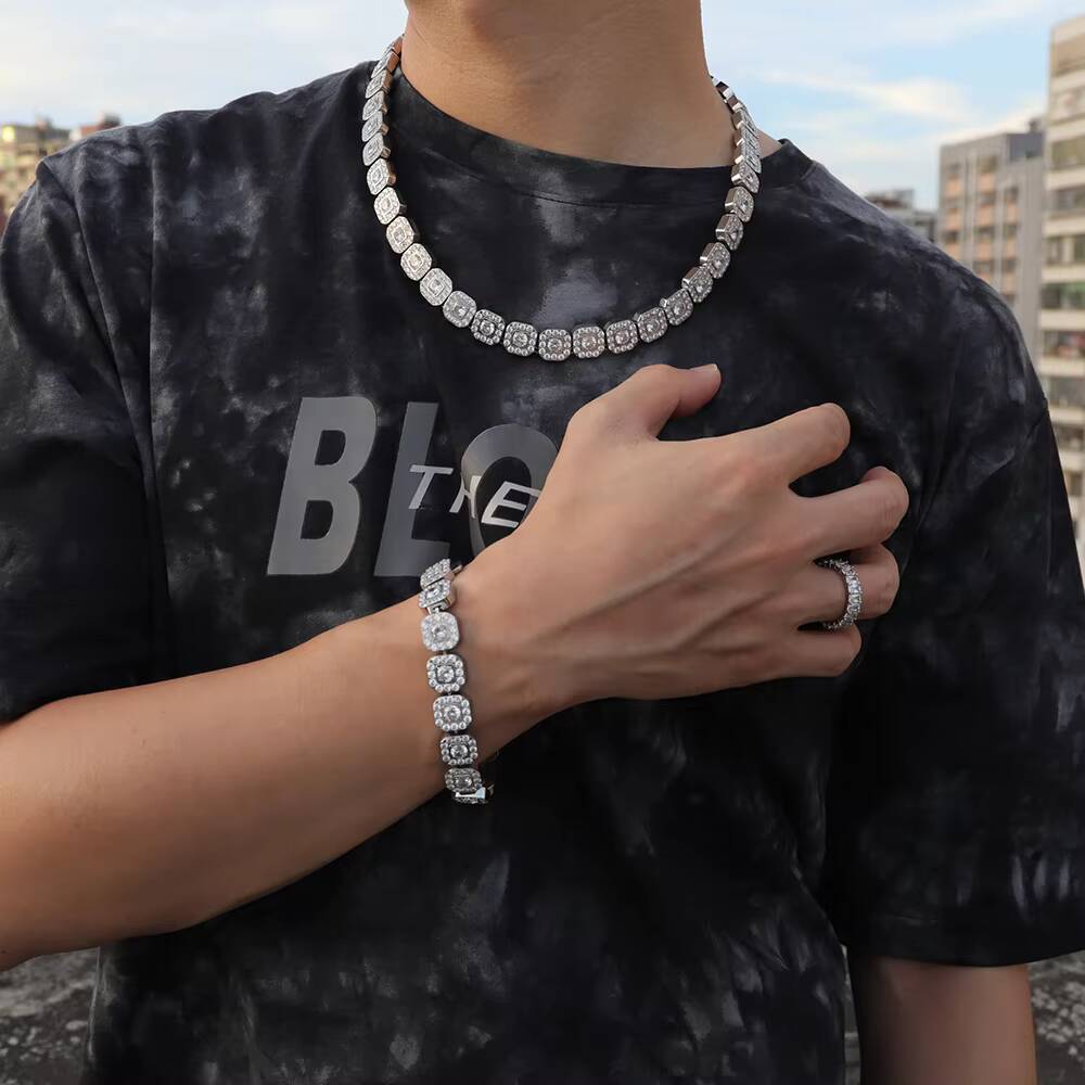 Luxury Jewelry Square Iced Out Cubic Zirconia 12mm Necklace and Bracelet Iced Out Stainless Steel Cuban Chain Set