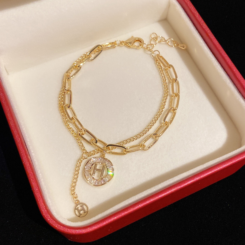Luxury Brand Designer Jewelry Dongdaemun New Fashion Versatile Double-Layer Letter H Bracelet For Women, Internet Celebrity Personality Light Luxury D