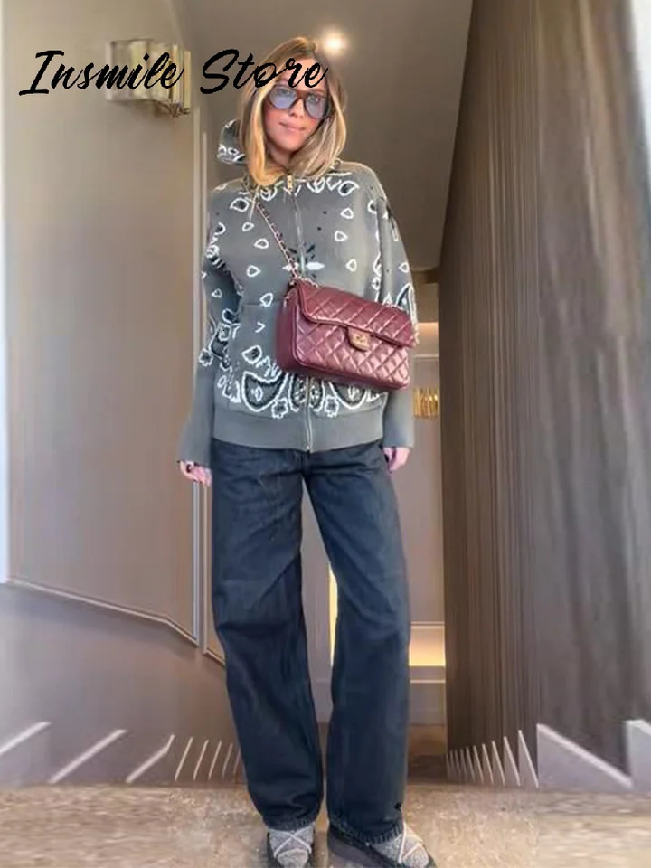 Fashion Knit Jacquard Cardigan Women Gray Stand Collar Zipper Full Sleeve Sweater 2026 Spring Lady Casual Street Knitwear 260119