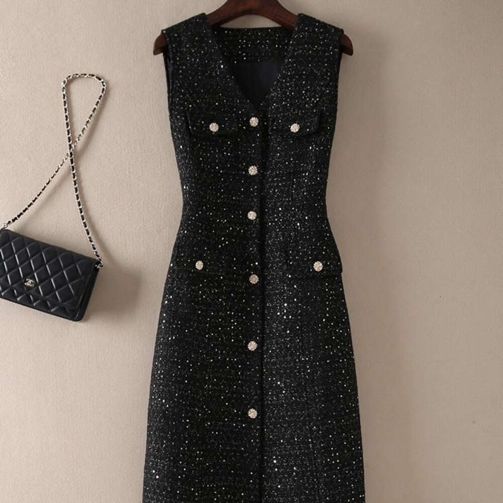 Retro Tweed with V-Neck High-End Feel Thick Tweed Slim Fit Sleeveless Autumn and Winter Skirt Vest Dress