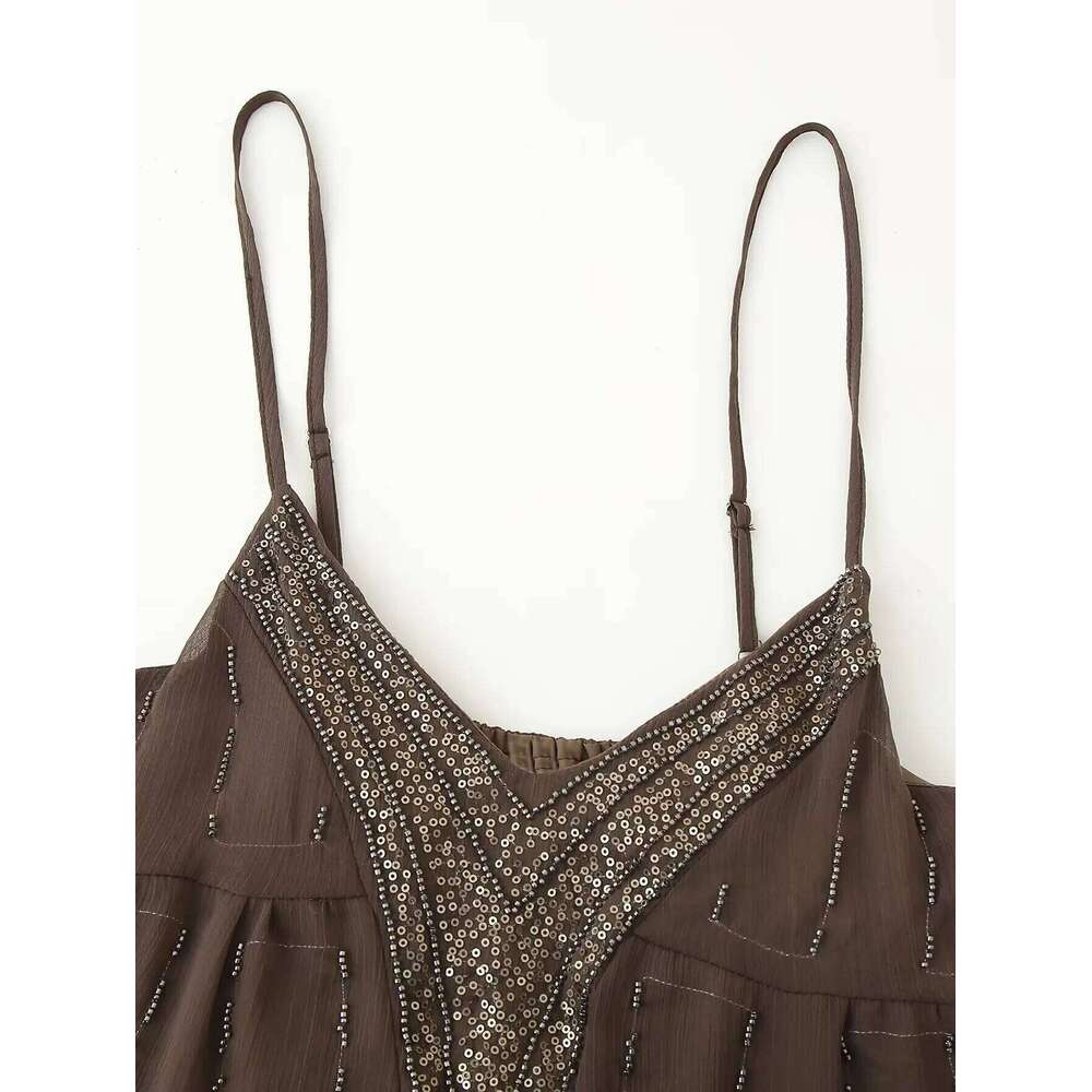 2025 new summer women's casual fashion simple sexy versatile beaded sequin embroidered suspender mini dress