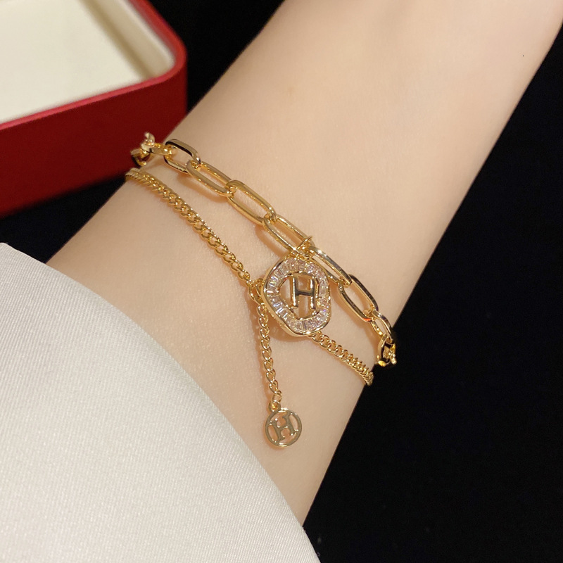 Luxury Brand Designer Jewelry Dongdaemun New Fashion Versatile Double-Layer Letter H Bracelet For Women, Internet Celebrity Personality Light Luxury D