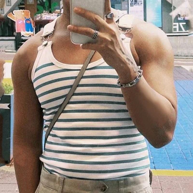 Men's Tank Tops Striped Vest For Spring And Summer A Stretchy Form-fitting T-shirt Fashionable Suspender With Metal Buttons