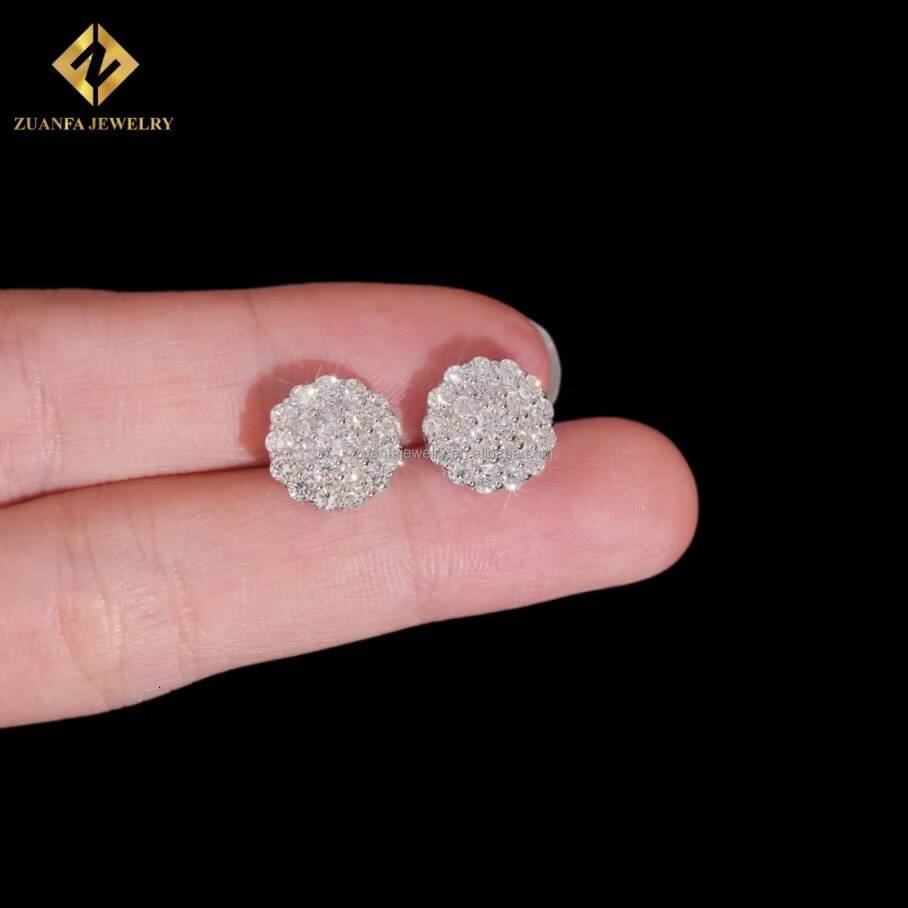 Fashion Stylish Popular Iced Out 925 Sterling Silver Lab Grown HPHT Diamond Round Flower Stud Earrings Screw Back Setting