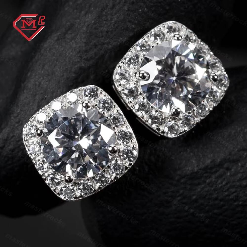 Daily Wear Men Earrings Stud Hip Hop Jewelry Iced Out Square S925 Silver Vvs Round Moissanite Earrings