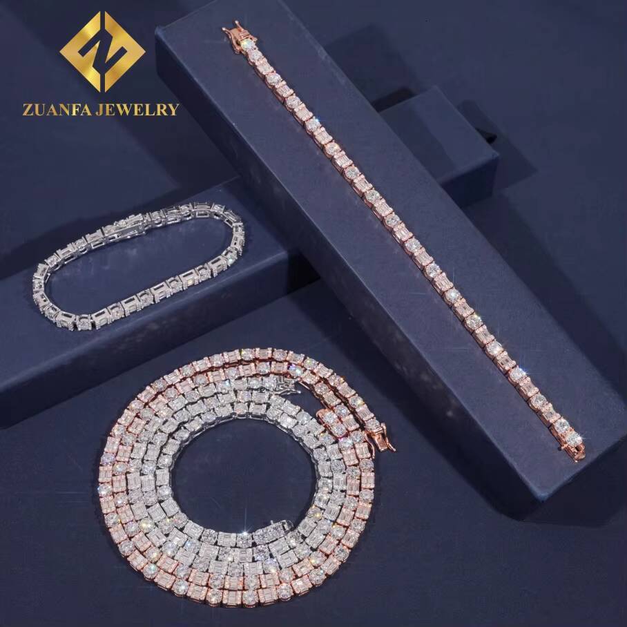 Iced Out Baguette Diamond 925 Silver Tennis Chain Moissanite Men Women Choker Necklace Trendy Moissanite Tennis Chain Necklace