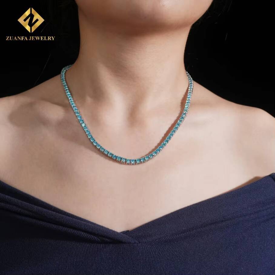 Hip Hop Jewelry New Colored Iced Out Vvs Moissanite 3mm 4mm Tennis Chain Blue Diamonds 925 Sterling Silver