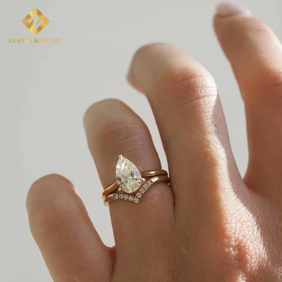 Lab Grown Diamond Jewelry 10K Yellow Gold Pear Cut Lab Diamond Women Solitaire Diamond Plain Wedding Rings