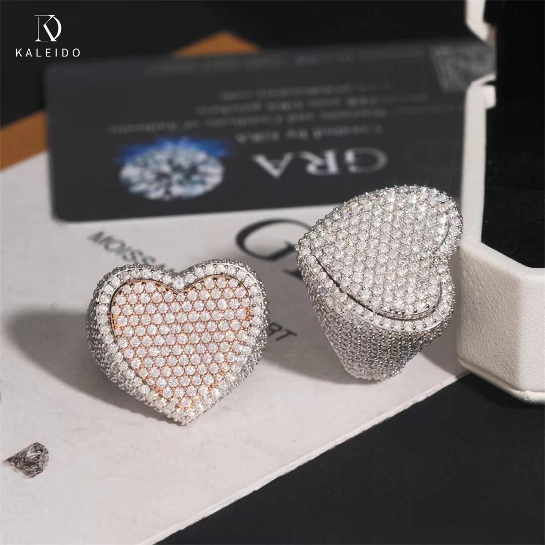 Factory Wholesale Two Tone Heart Shape Iced Out Moissanite Jewelry 925 Silver Ring Fine Hip Hop Vvs Moissanite Diamond Ring