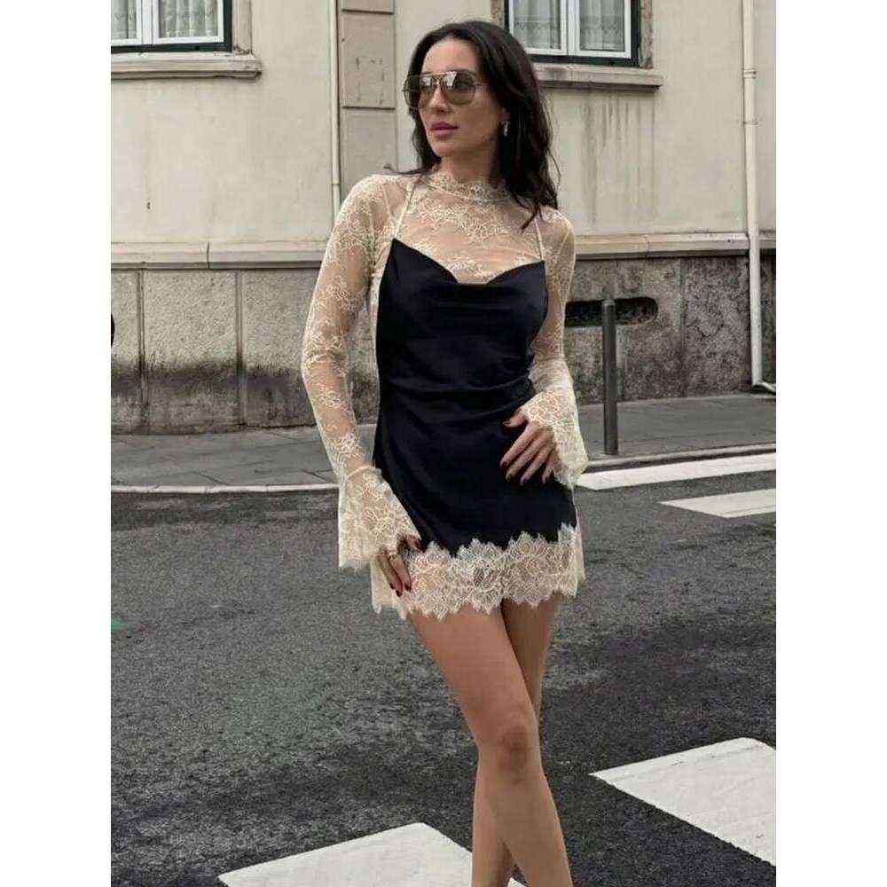 HH 2026 Women Lace Patchwork Mini Vintage Contrast Slim Long Sleeve Dresses Y2k Summer Fashion High Street Lady Chic Dress