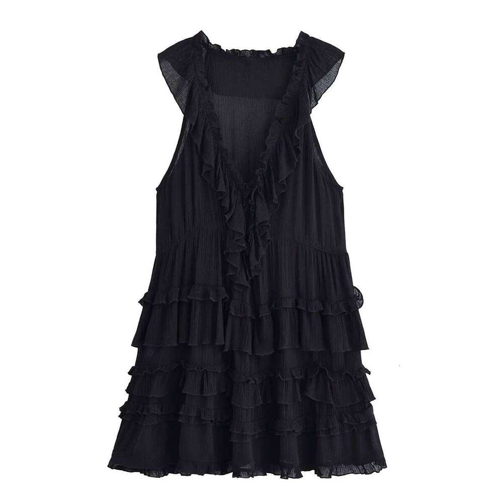 2025 Summer New Arrivals Women's Retro Casual French Ruffle Sleeveless V-Neck Cake Skirt Fashion Mini Dress