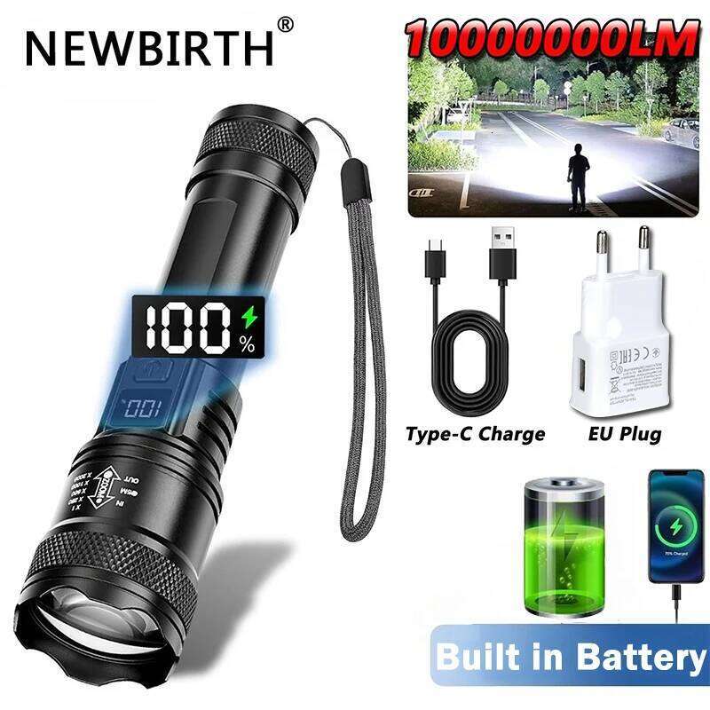1000LM Powerful LED Flashlight Battery Display USB Rechargeable Light Telescopic Zoom Torch Lamp Outdoor Camping Fishing Lantern Z260121