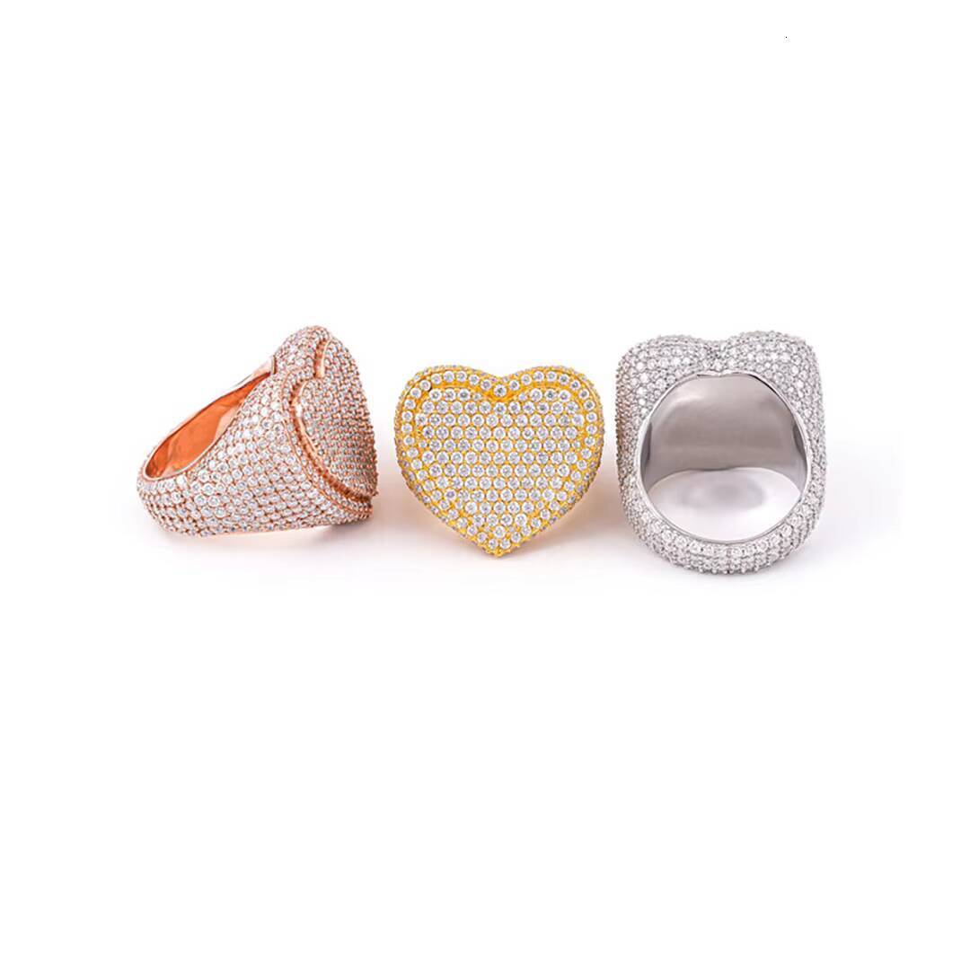 Factory Wholesale Two Tone Heart Shape Iced Out Moissanite Jewelry 925 Silver Ring Fine Hip Hop Vvs Moissanite Diamond Ring