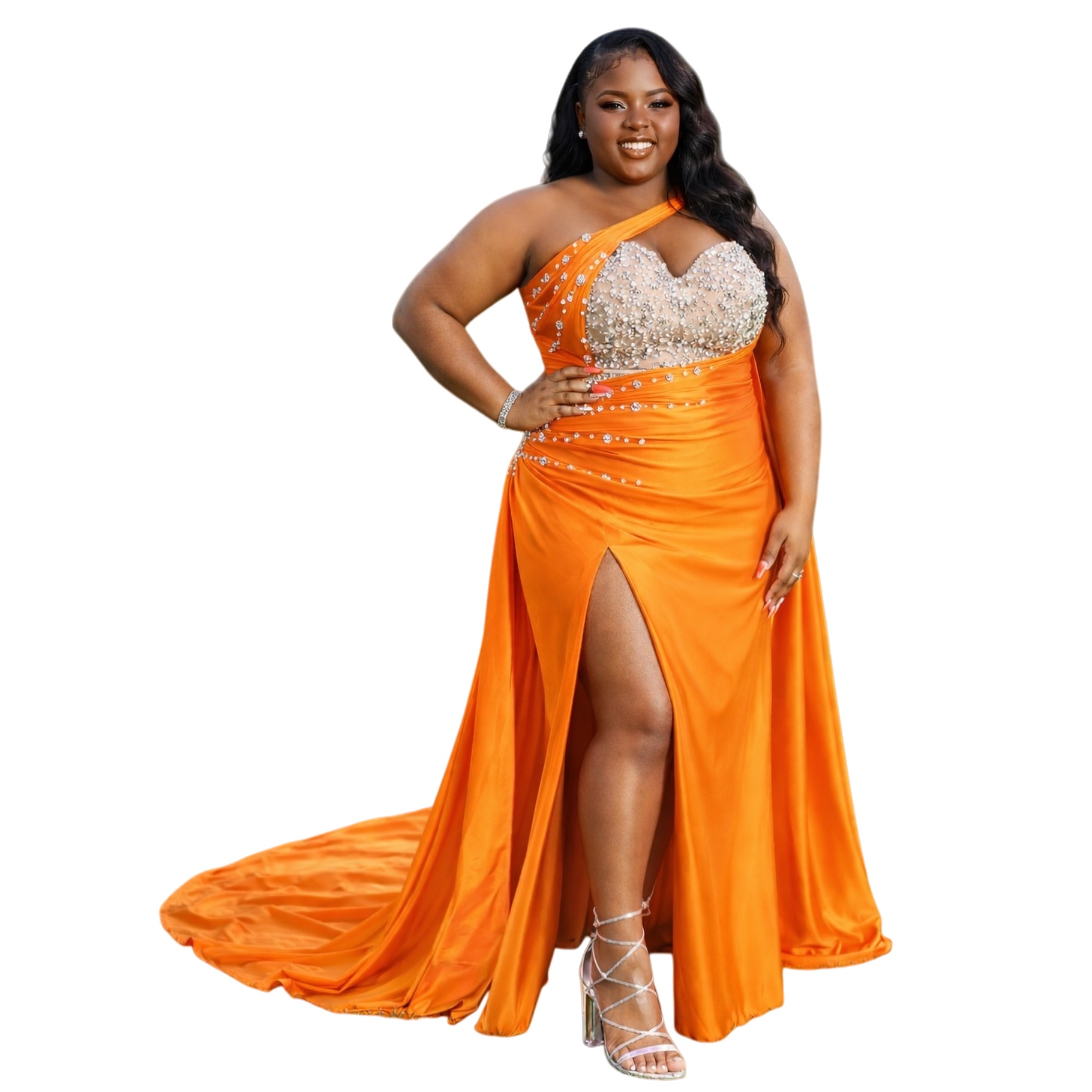 Orange Sheath Plus Size Prom Dresses 2026 One Shoulder Beaded Crystals Satin Evening Formal Party Second Birthday Engagement Gowns Dress For Special O