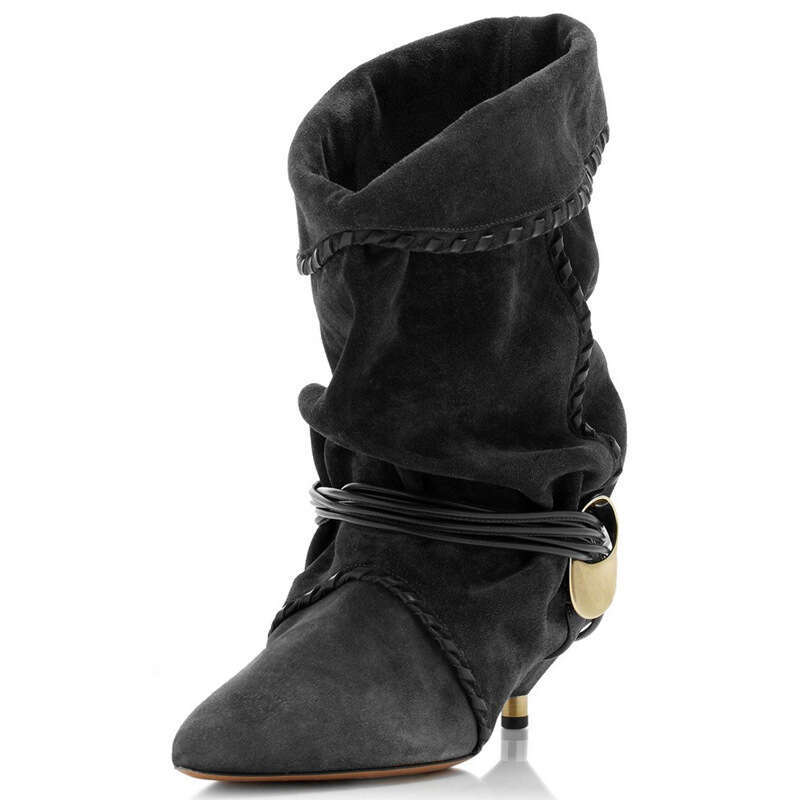 European and American New Style Pointed Toe Metal Cat Lace-Up Ruched Slouchy Short with Cuffed Slip-On Design, Large Size, Versatile High Heel Boots