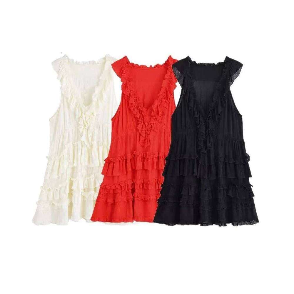 2025 Summer New Arrivals Women's Retro Casual French Ruffle Sleeveless V-Neck Cake Skirt Fashion Mini Dress