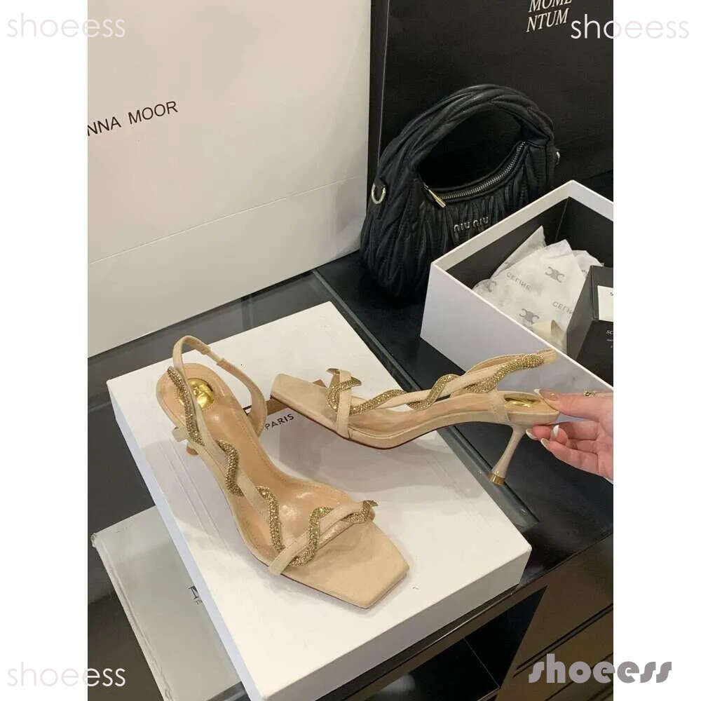 2026 New Style Designer Shoe One-Strap High Heels Elegant Rhinestone Snake-Shaped Open-Toe for Women Thin Heel Sandals