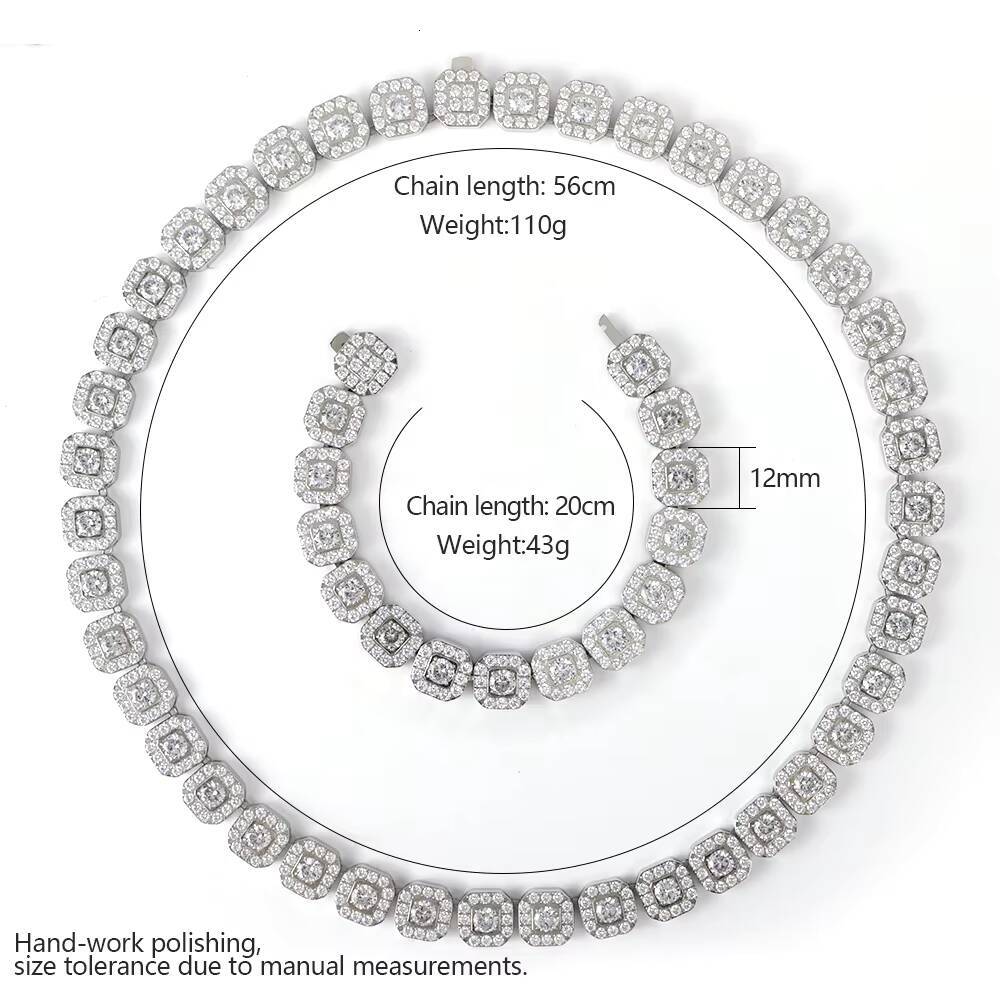 Luxury Jewelry Square Iced Out Cubic Zirconia 12mm Necklace and Bracelet Iced Out Stainless Steel Cuban Chain Set