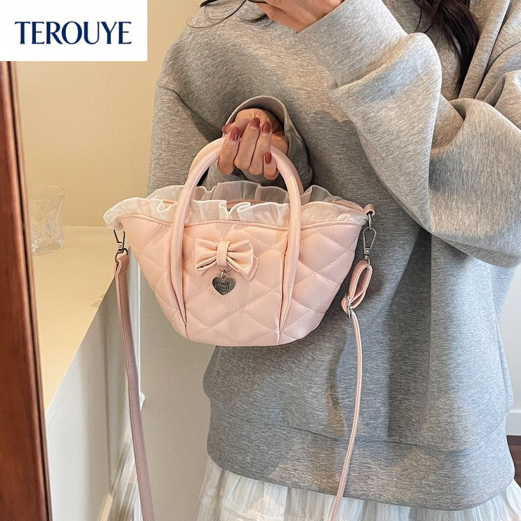 TEROUYE Korean style niche quilted design women s handbag autumn and winter new cute and sweet Y K style shoulder bag bow style Luxury bag