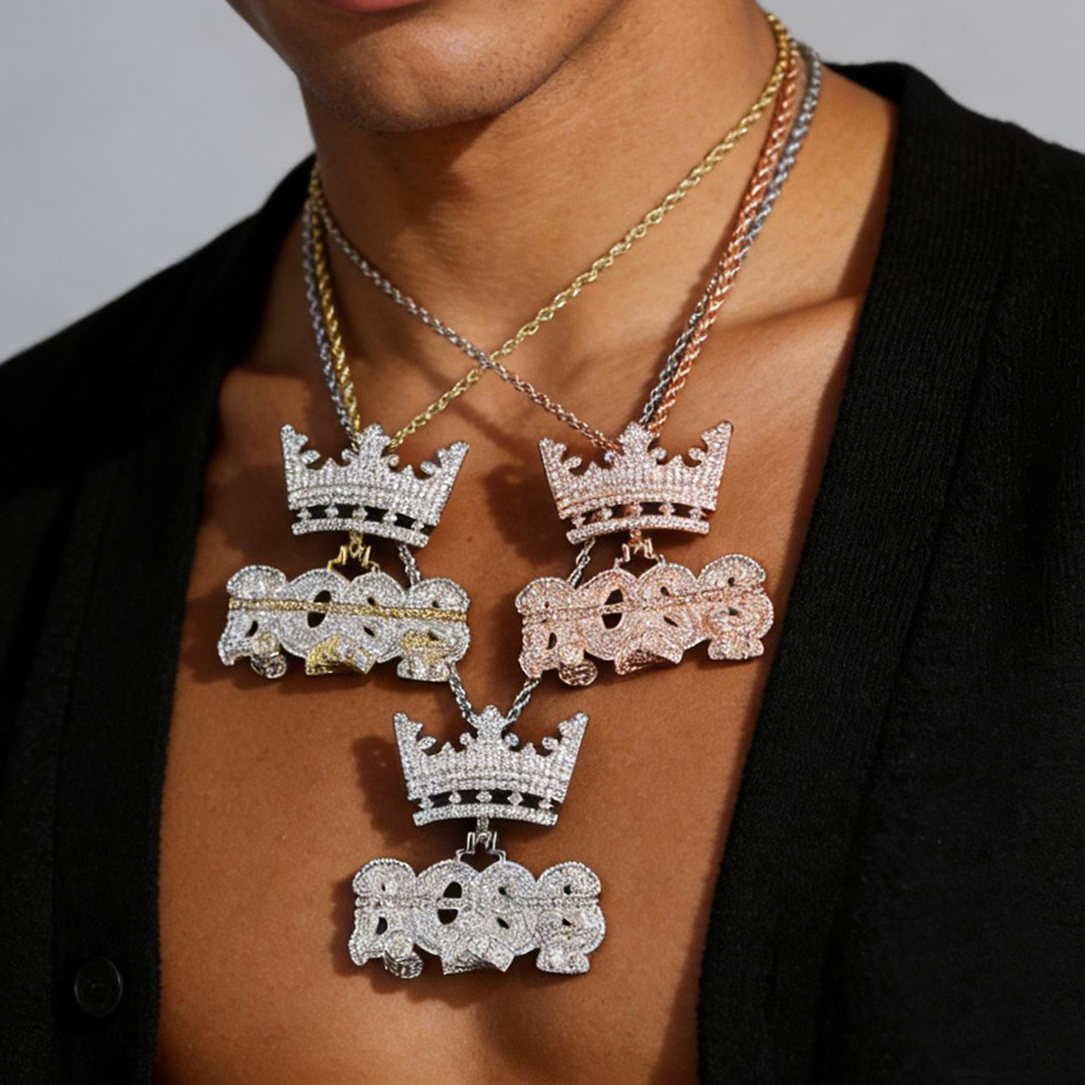 NEW Men Hip Hop Crown Pendant Necklace with Rope Chain Iced Out Bling Necklaces Fashion Charm Jewelry