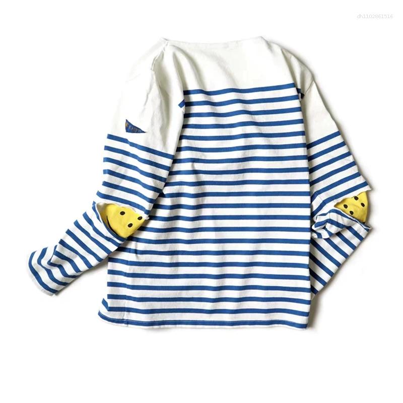 Men's T Shirts Kapital 25SS Blue White Striped Color Block Long Sleeve Loose Fit Round Neck T-Shirt Youthful Sle Cotton Casual Top For All