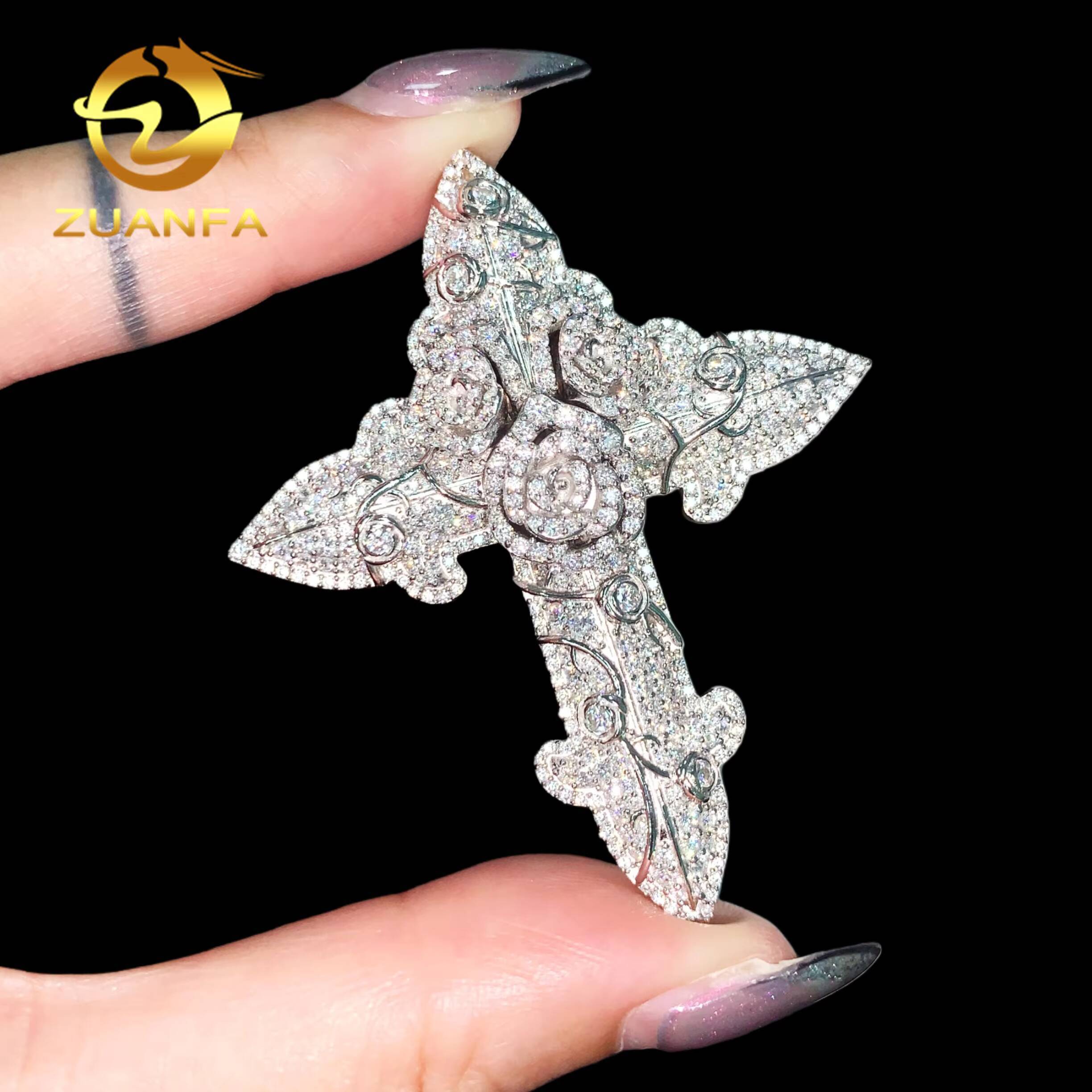 Fine Jewelry Factory Exquisite 3D Rose Big Cross Pendant Moissanite Pendant Men Iced Out Jewelry Custom Hip Hop Pendant